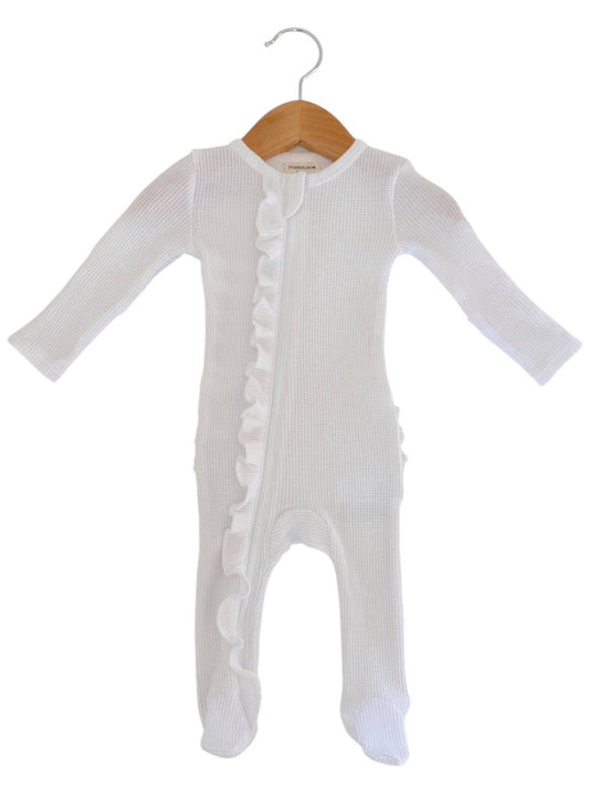 ๐ Organic Waffle 2-Way Zip Ruffle Footie, Lucent White