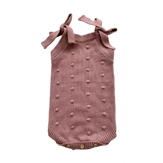 🌸 Organic Knit Baby Romper – Mauve Pom