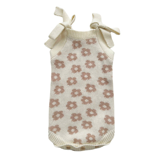 🌼 Organic Knit Baby Romper – Mocha Daisy