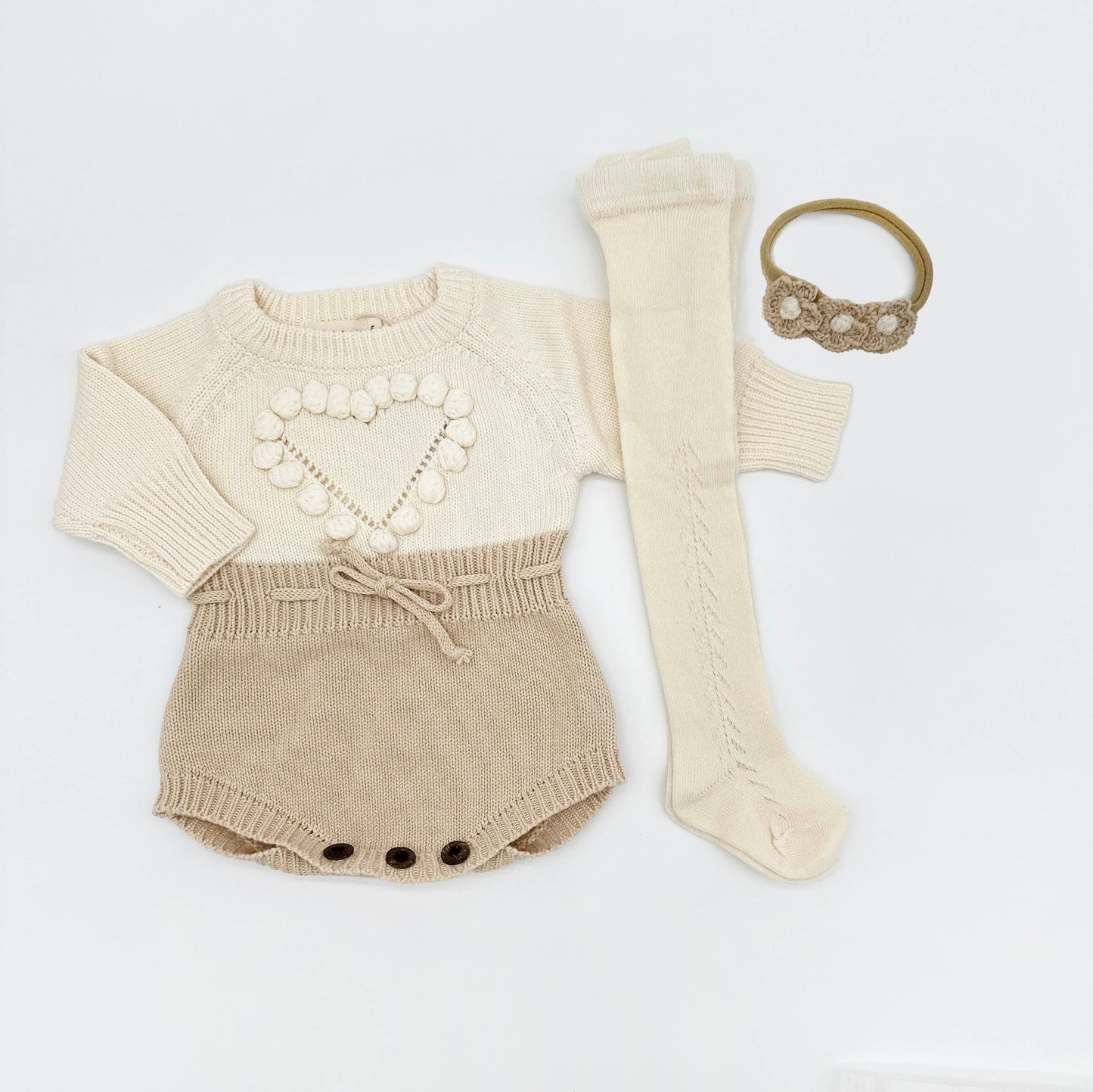 🤎 Cream Heart Romper Set | 100% Cotton 3-Piece Outfit