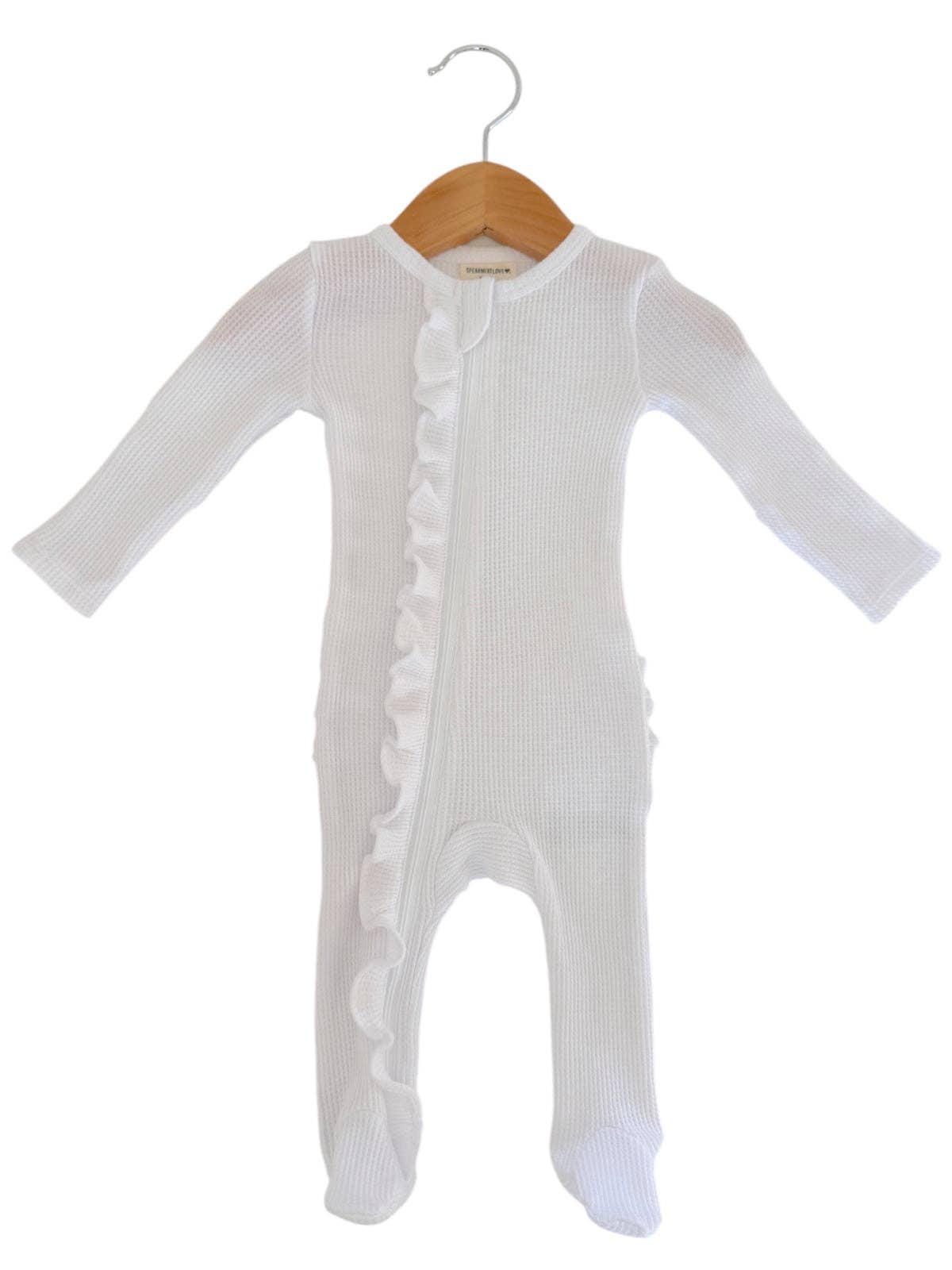 🎀 Organic Waffle 2-Way Zip Ruffle Footie, Lucent White