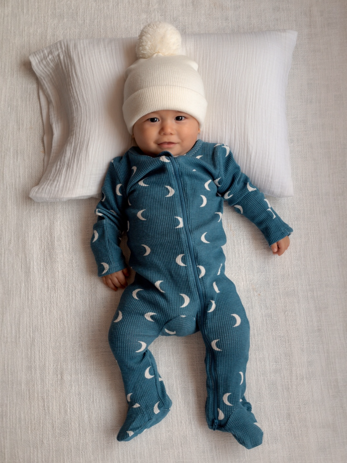 🌙 ORGANIC WAFFLE 2-WAY ZIP FOOTIE, MIDNIGHT MOON