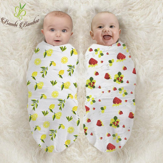 🍋🍓 ORGANIC BABY TEXTILES BUNDLE — Premium Bamboo & Cotton Muslin (Lemon + Strawberry • 4-Piece Set)
