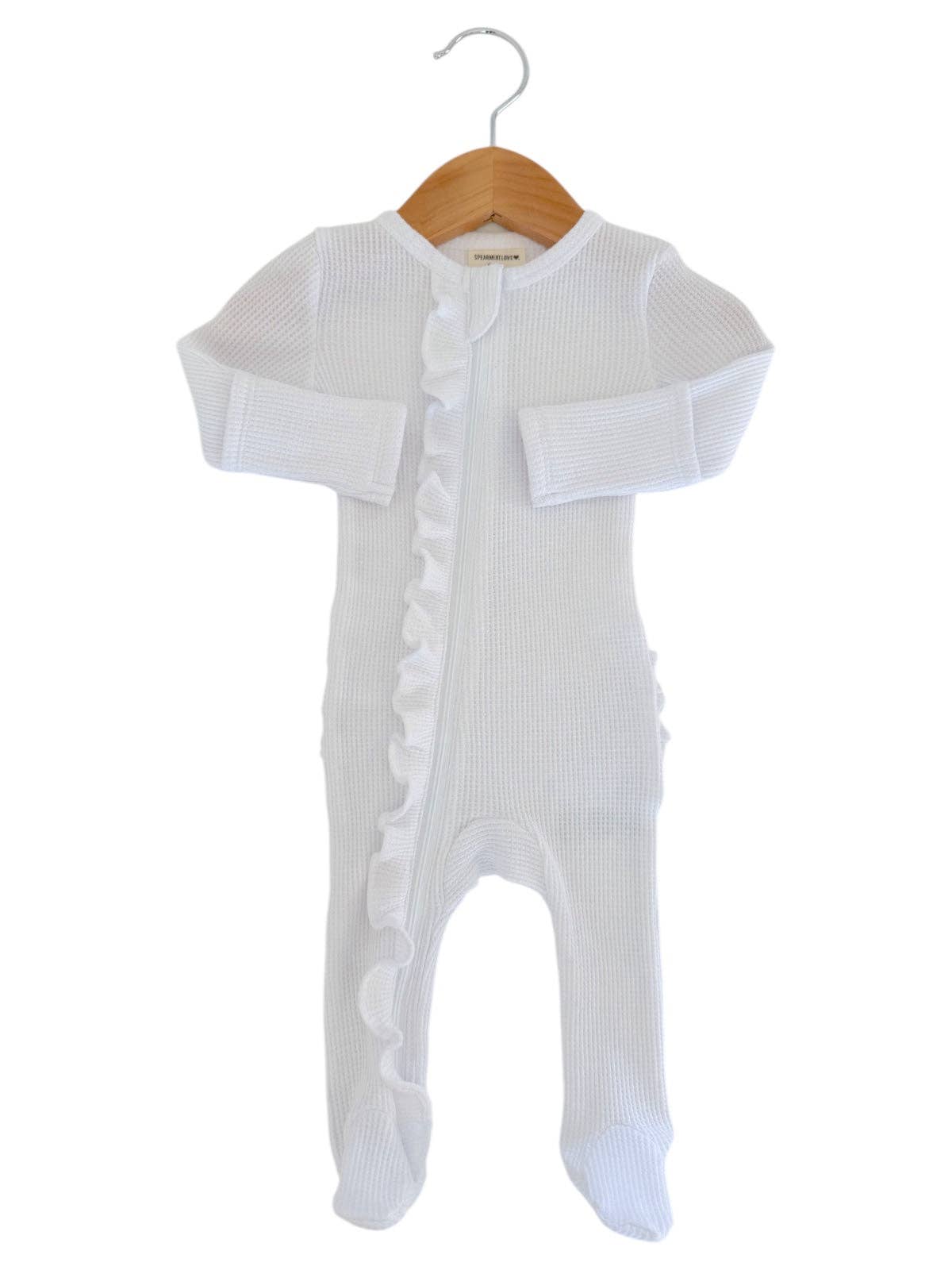 🎀 Organic Waffle 2-Way Zip Ruffle Footie, Lucent White
