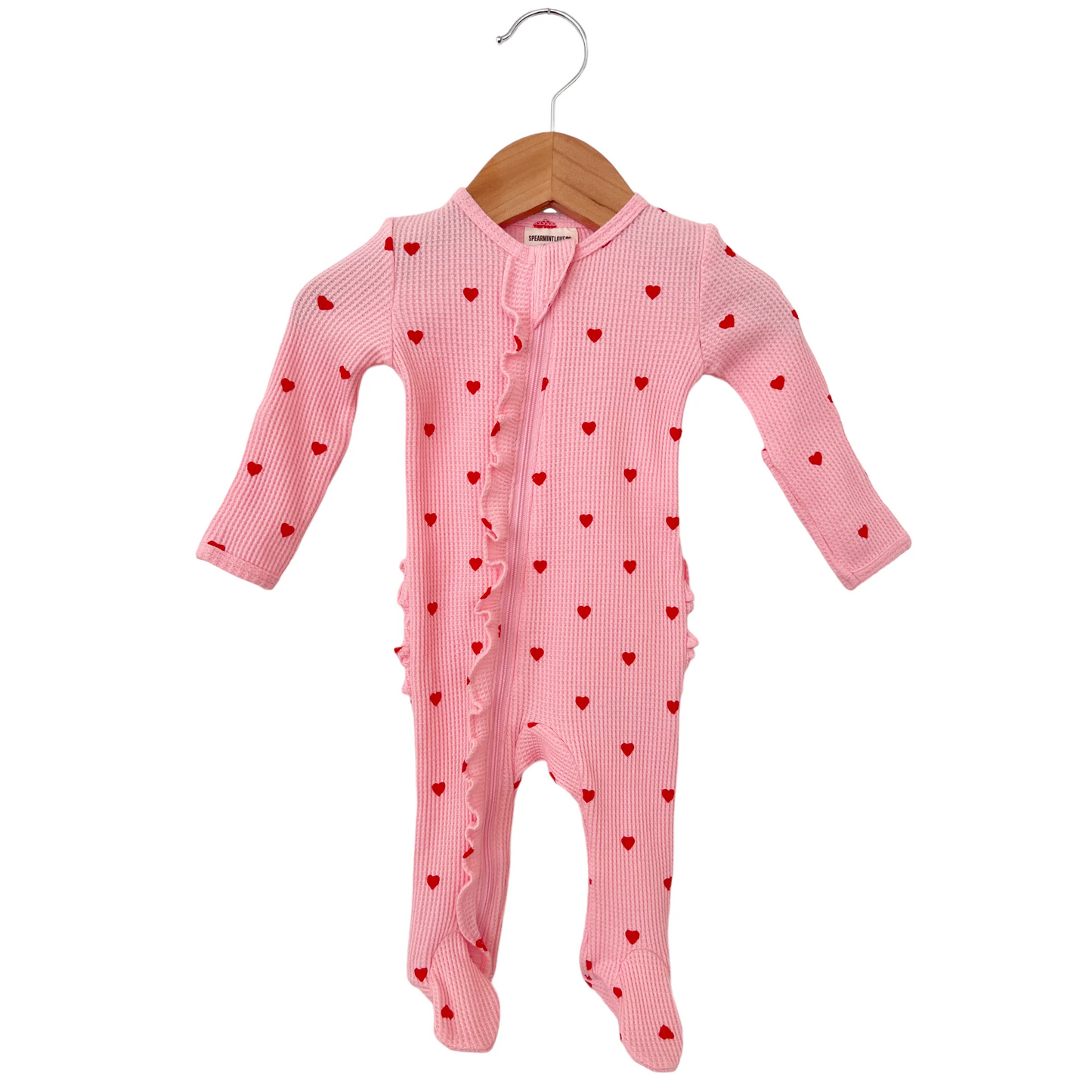 💖 Organic Waffle Ruffle Zip Footie, Little Red Heart (on Pink) 💖