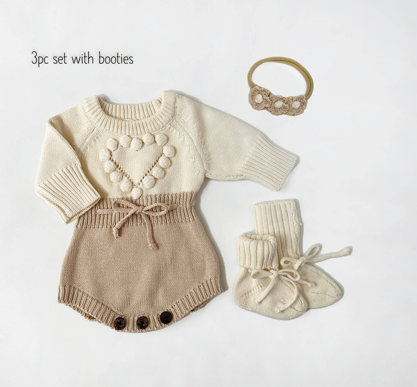 🤎 Cream Heart Romper Set | 100% Cotton 3-Piece Outfit