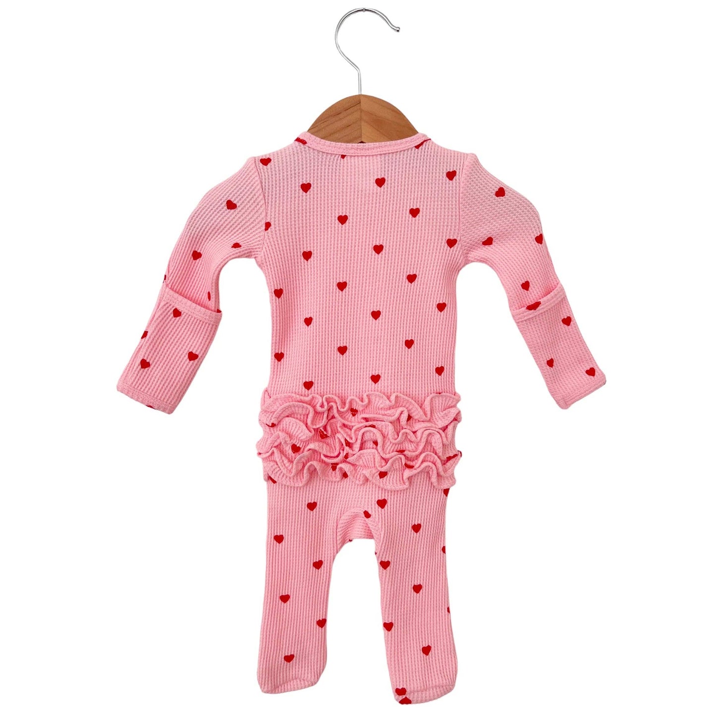 💖 Organic Waffle Ruffle Zip Footie, Little Red Heart (on Pink) 💖