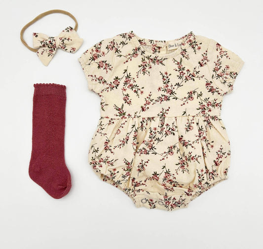 🌸 Anessa Floral Cotton Baby Romper + Bow Headband Set