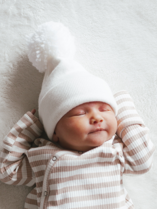 💘 Baby’s First Pom Hat – Warm White | Valentine Newborn Hat 💘