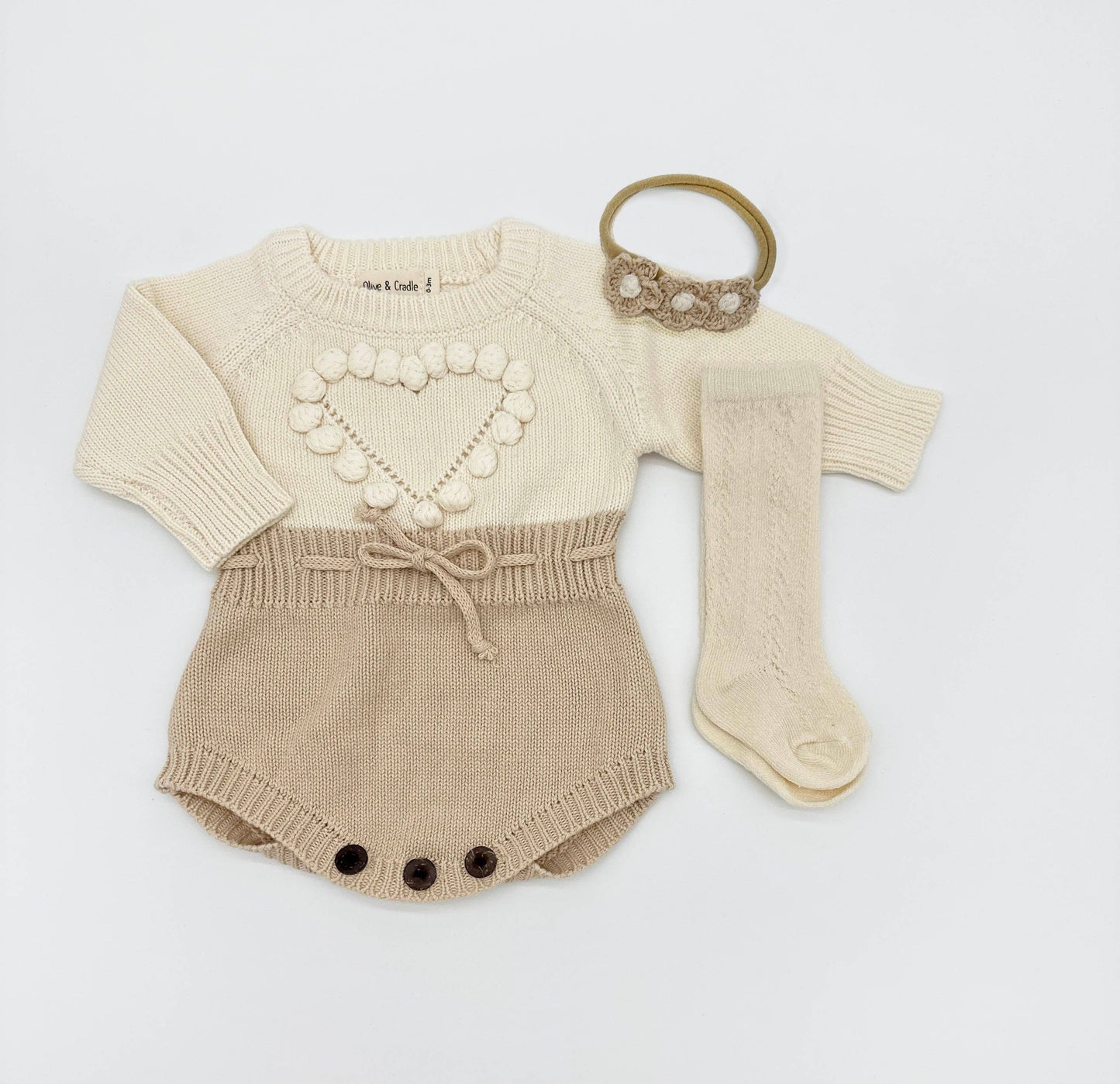 🤎 Cream Heart Romper Set | 100% Cotton 3-Piece Outfit