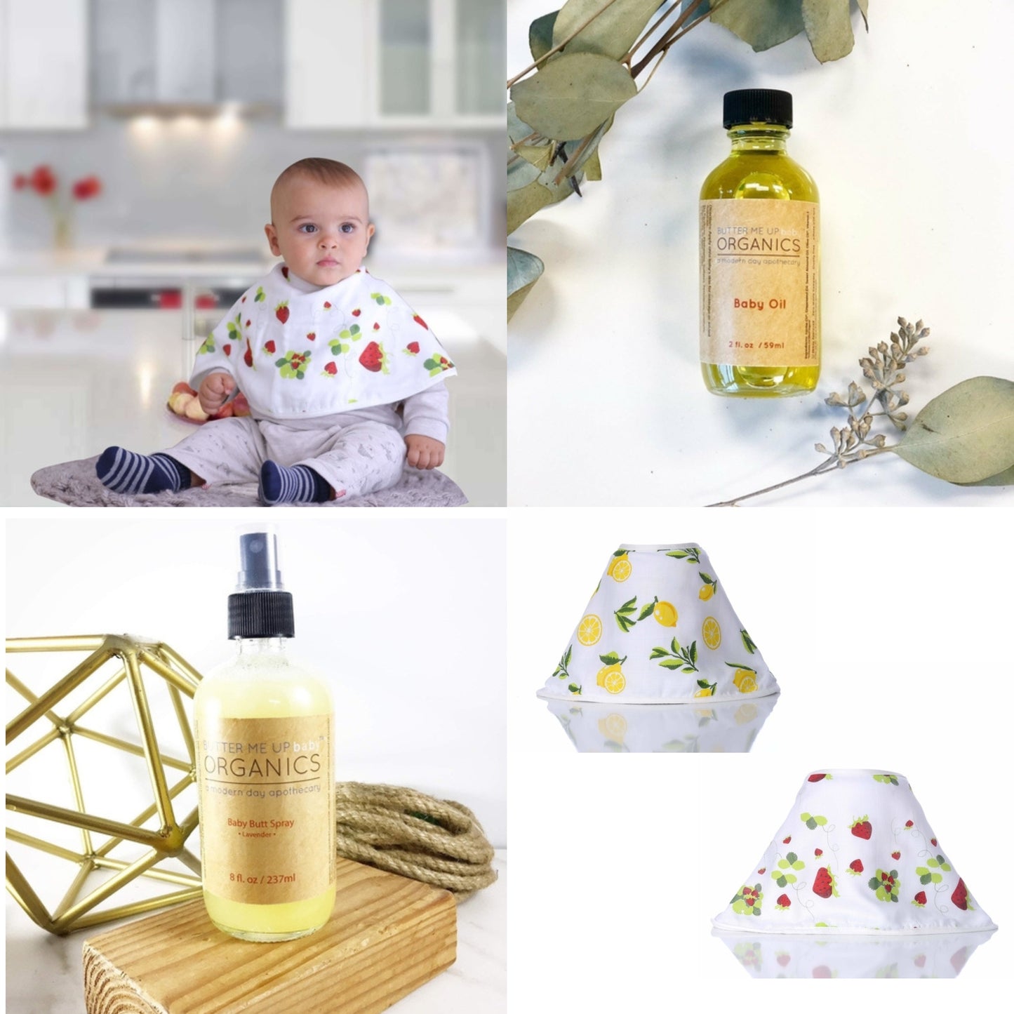 🍼🍓 ORGANIC BABY ESSENTIALS BUNDLE — Gentle Baby Oil + Baby Butt Spray + Muslin Burp Cloth Duo (3-Piece Set)