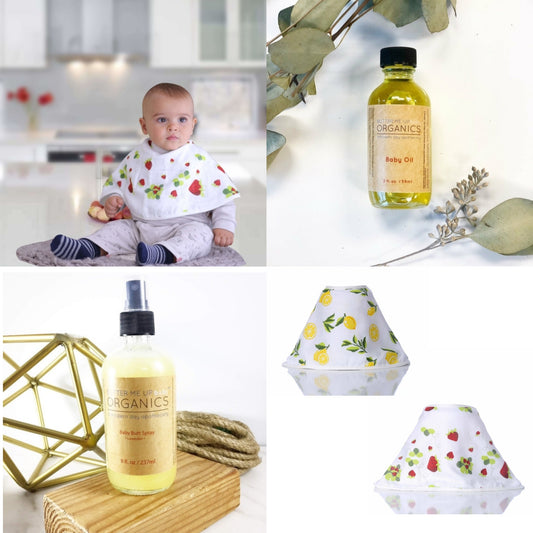 🍼🍓 ORGANIC BABY ESSENTIALS BUNDLE — Gentle Baby Oil + Baby Butt Spray + Muslin Burp Cloth Duo (3-Piece Set)