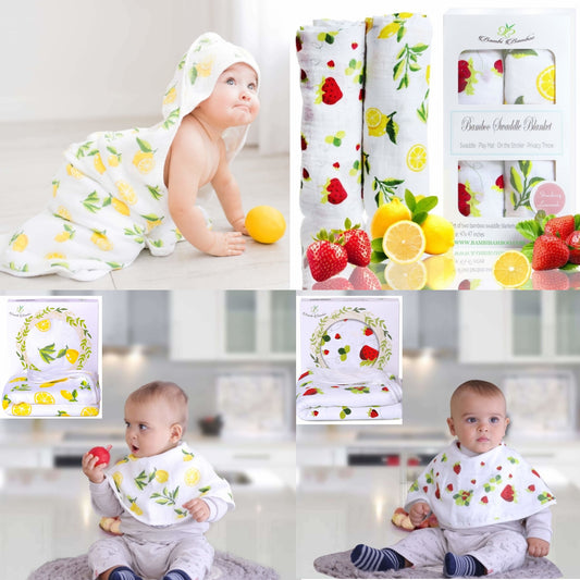 🍋🍓 ORGANIC BABY TEXTILES BUNDLE — Premium Bamboo & Cotton Muslin (Lemon + Strawberry • 4-Piece Set)