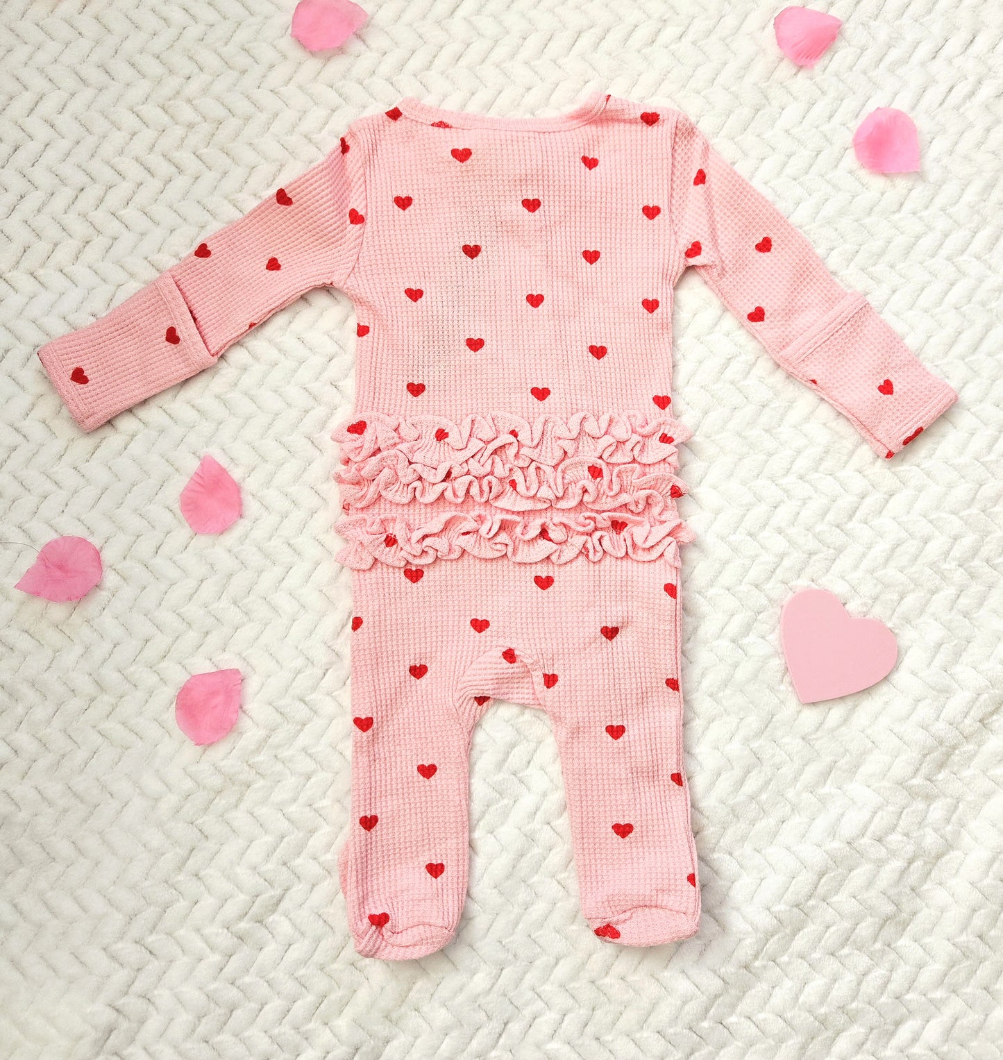 💖 Organic Waffle Ruffle Zip Footie, Little Red Heart (on Pink) 💖