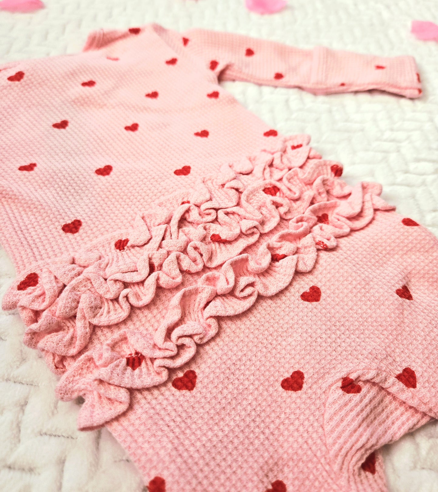 💖 Organic Waffle Ruffle Zip Footie, Little Red Heart (on Pink) 💖