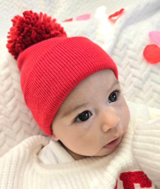 💖 Baby's First Hat, Red Pom 💖