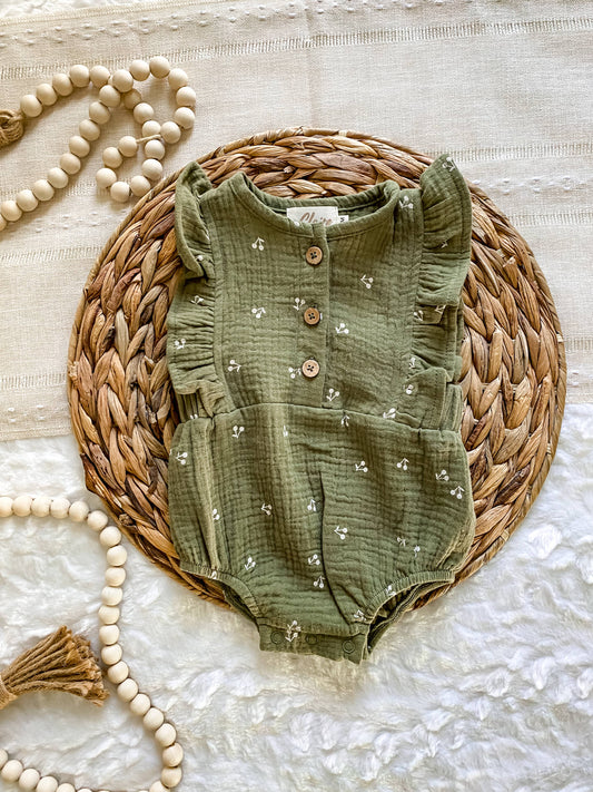 🌿 Organic Cotton Summer Romper – Olive Green