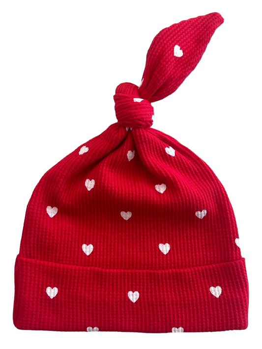💖 ORGANIC WAFFLE KNOT BEANIE, Little White Heart (on Red) 💖