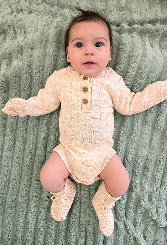 🌿 Organic Knit Bodysuit- Cream Checker